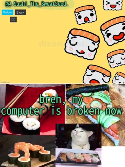 I ONLY SPILT SOME TEA ON IT | breh, my computer is broken now | image tagged in sushi_the_sweatseed,bruh moment | made w/ Imgflip meme maker