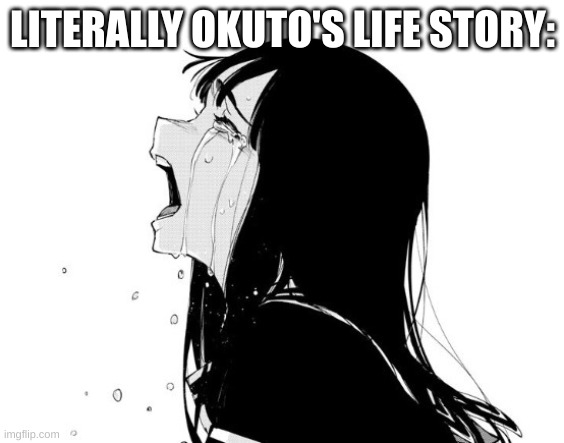 meme about my friend's oc | LITERALLY OKUTO'S LIFE STORY: | image tagged in crying aya asagiri | made w/ Imgflip meme maker