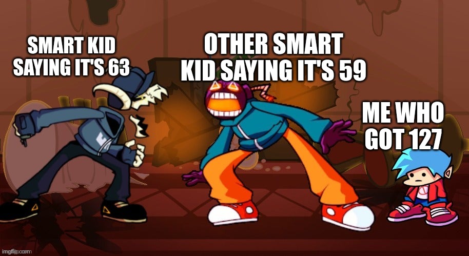 qwsewuidreftrrr1 | OTHER SMART KID SAYING IT'S 59; SMART KID SAYING IT'S 63; ME WHO GOT 127 | image tagged in tabi vs whitty | made w/ Imgflip meme maker