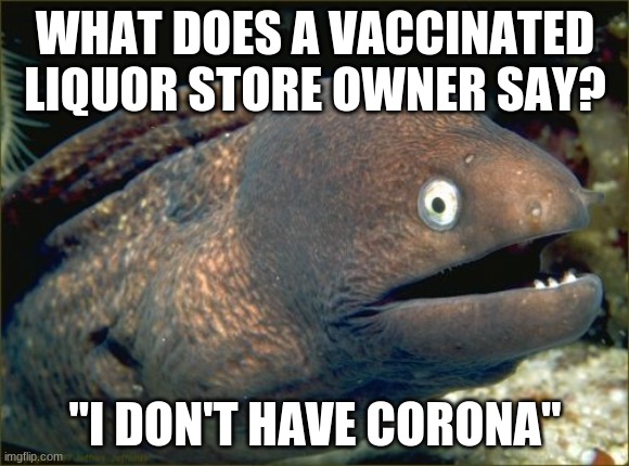 FUTURAMA FRY: Not sure if that's good news or bad news. | WHAT DOES A VACCINATED LIQUOR STORE OWNER SAY? "I DON'T HAVE CORONA" | image tagged in memes,bad joke eel,liquor store,coronavirus,vaccines,beer | made w/ Imgflip meme maker