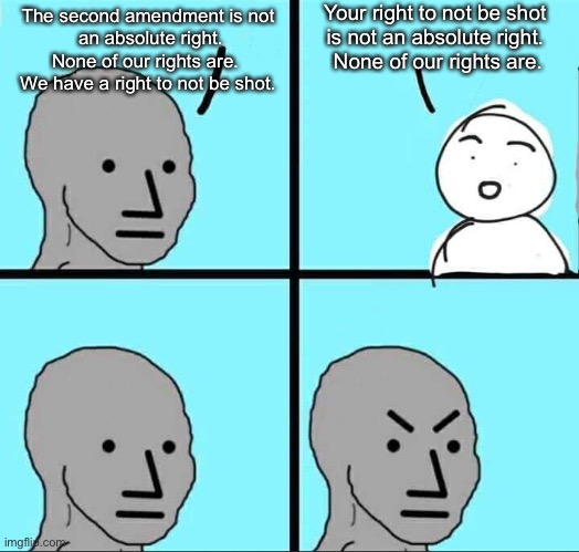 Are you absolutely sure? | Your right to not be shot 
is not an absolute right. 
None of our rights are. The second amendment is not
 an absolute right. None of our rights are. 
We have a right to not be shot. | image tagged in npc meme | made w/ Imgflip meme maker
