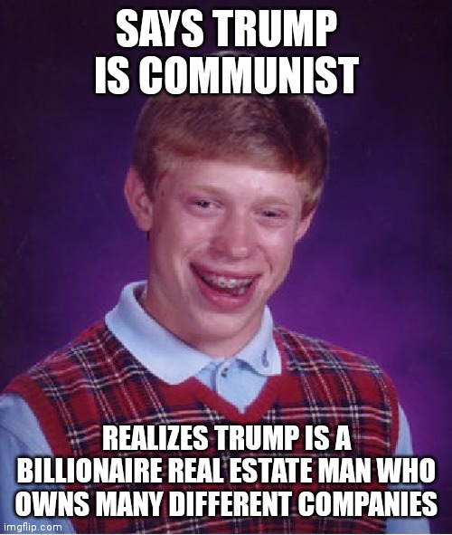 Bad Luck Brian Meme | SAYS TRUMP IS COMMUNIST REALIZES TRUMP IS A BILLIONAIRE REAL ESTATE MAN WHO OWNS MANY DIFFERENT COMPANIES | image tagged in memes,bad luck brian | made w/ Imgflip meme maker