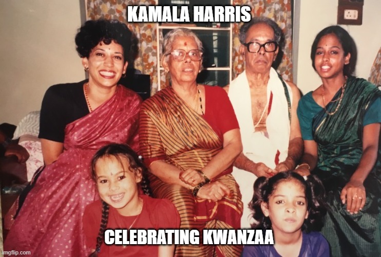 Kamala Harris Celebrating Kwanzaa | KAMALA HARRIS; CELEBRATING KWANZAA | image tagged in kamala harris,kwanzaa | made w/ Imgflip meme maker
