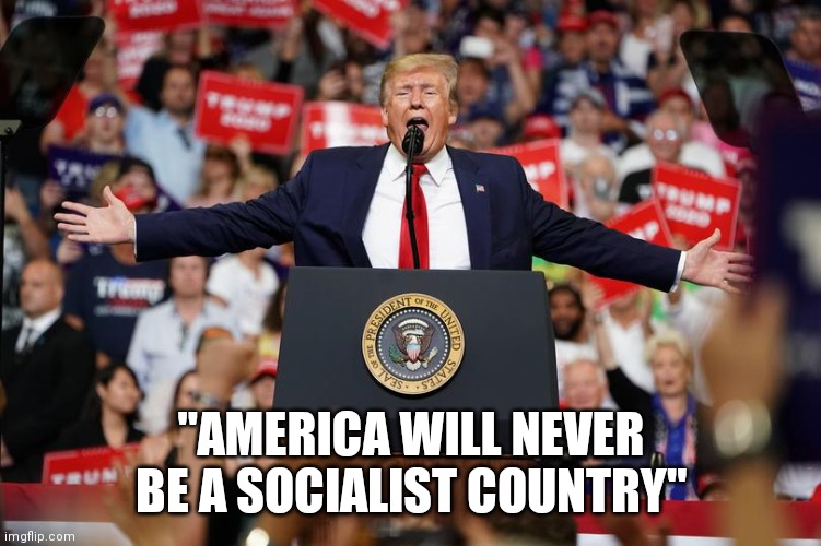 Trump Rally 2 | "AMERICA WILL NEVER BE A SOCIALIST COUNTRY" | image tagged in trump rally 2 | made w/ Imgflip meme maker