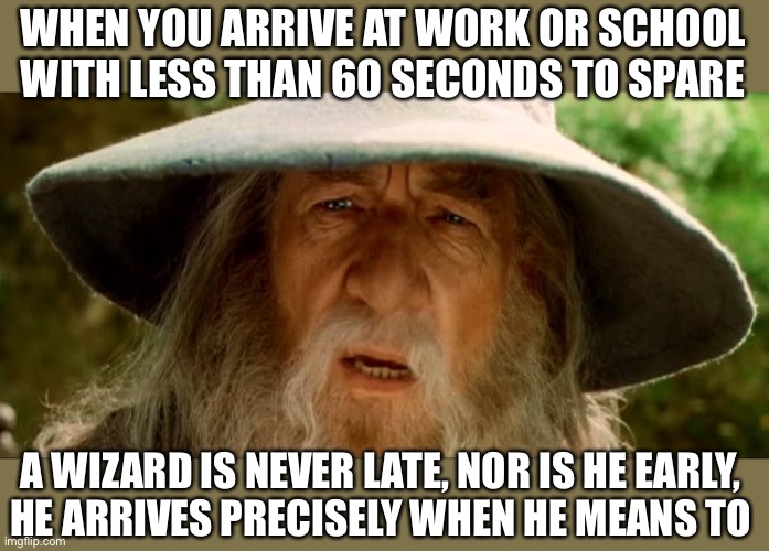 He arrives precisely when he means to |  WHEN YOU ARRIVE AT WORK OR SCHOOL WITH LESS THAN 60 SECONDS TO SPARE; A WIZARD IS NEVER LATE, NOR IS HE EARLY,
HE ARRIVES PRECISELY WHEN HE MEANS TO | image tagged in gandolf,funny,memes,funny memes,lord of the rings | made w/ Imgflip meme maker