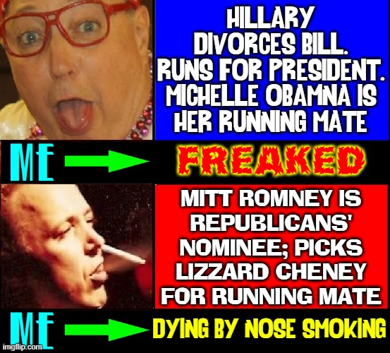 Welcome to my Nightmares | HILLARY
DIVORCES BILL.
RUNS FOR PRESIDENT.
MICHELLE OBAMNA IS
HER RUNNING MATE; FREAKED; MITT ROMNEY IS
REPUBLICANS'
NOMINEE; PICKS
LIZZARD CHENEY
FOR RUNNING MATE; DYING BY NOSE SMOKING | image tagged in vince vance,nightmare,hillary clinton,michelle obama,mitt romney,memes | made w/ Imgflip meme maker
