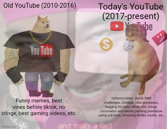 Youtube now kinda sucks | Old YouTube (2010-2016); Today's YouTube (2017-present); Funny memes, best vines before tiktok, no cringe, best gaming videos, etc. Unfunny jokes,  dumb 3AM challenges, clickbait, fake giveaways, begging for subs, tiktok shit, cringe, cocomelon and tseries passing pewdiepie using sub bots, removing dislike counts, etc. | image tagged in scumbag youtube,youtube,memes,pewdiepie,pink guy | made w/ Imgflip meme maker