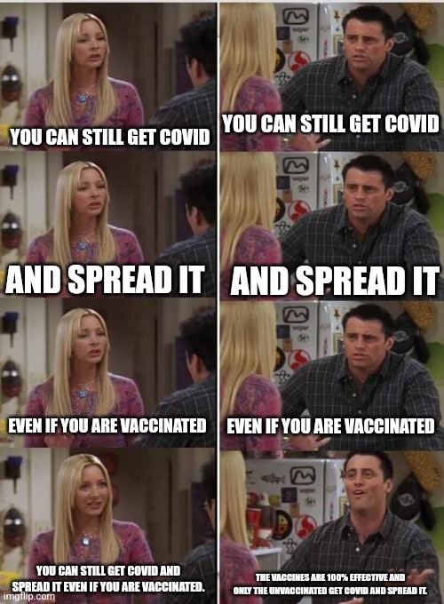 Even healthcare workers let people know that one can still get covid even if they are vaccinated but people still don't listen | YOU CAN STILL GET COVID; YOU CAN STILL GET COVID; AND SPREAD IT; AND SPREAD IT; EVEN IF YOU ARE VACCINATED; EVEN IF YOU ARE VACCINATED; YOU CAN STILL GET COVID AND SPREAD IT EVEN IF YOU ARE VACCINATED. THE VACCINES ARE 100% EFFECTIVE AND ONLY THE UNVACCINATED GET COVID AND SPREAD IT. | image tagged in phoebe joey,friends,vaccines,public health | made w/ Imgflip meme maker