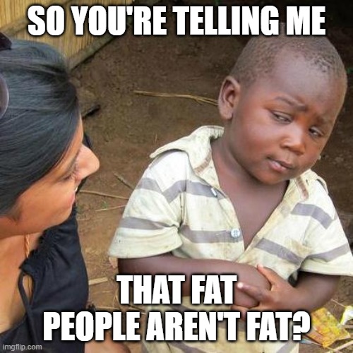 Third World Skeptical Kid | SO YOU'RE TELLING ME; THAT FAT PEOPLE AREN'T FAT? | image tagged in memes,third world skeptical kid,gifs,not really a gif,funny memes,lmao | made w/ Imgflip meme maker