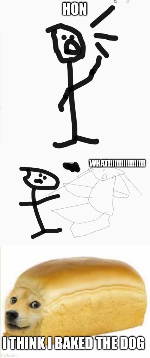 HON!!!!!!!!!!! | HON; WHAT!!!!!!!!!!!!!!!!! I THINK I BAKED THE DOG | image tagged in doge,bread,mad,stickman,fat woman | made w/ Imgflip meme maker