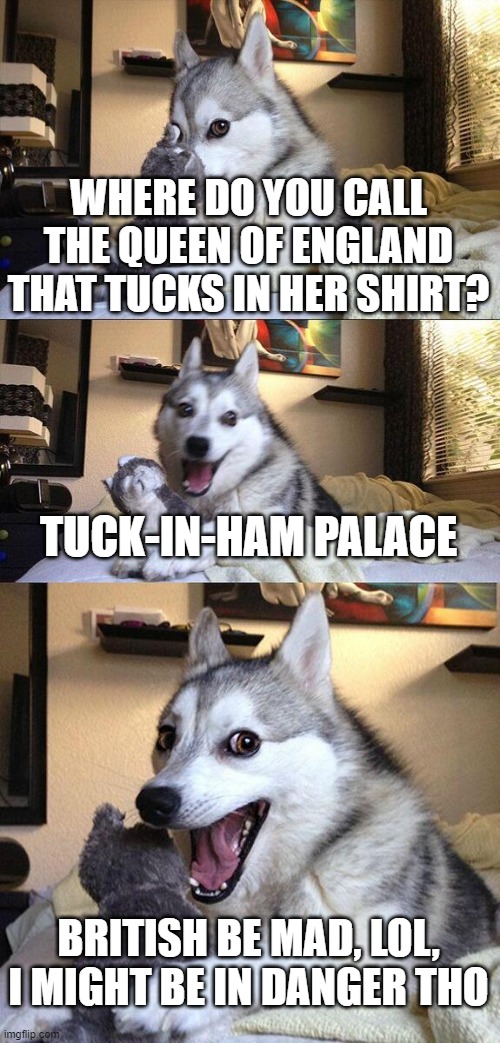 Bad Pun Dog Meme | WHERE DO YOU CALL THE QUEEN OF ENGLAND THAT TUCKS IN HER SHIRT? TUCK-IN-HAM PALACE; BRITISH BE MAD, LOL, I MIGHT BE IN DANGER THO | image tagged in memes,bad pun dog,queen elizabeth,british empire,mad | made w/ Imgflip meme maker