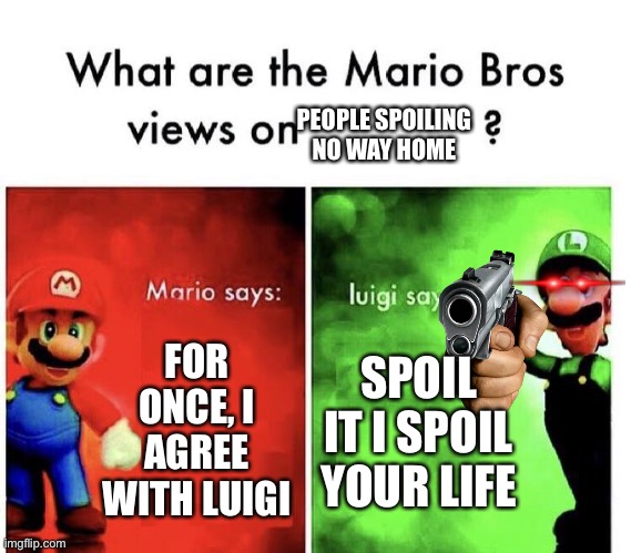 Mutual Agreement | PEOPLE SPOILING NO WAY HOME; FOR ONCE, I AGREE WITH LUIGI; SPOIL IT I SPOIL YOUR LIFE | image tagged in mario bros views | made w/ Imgflip meme maker