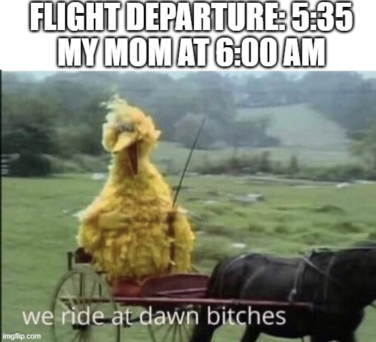 We ride at dawn bitches | FLIGHT DEPARTURE: 5:35
MY MOM AT 6:00 AM | image tagged in we ride at dawn bitches | made w/ Imgflip meme maker