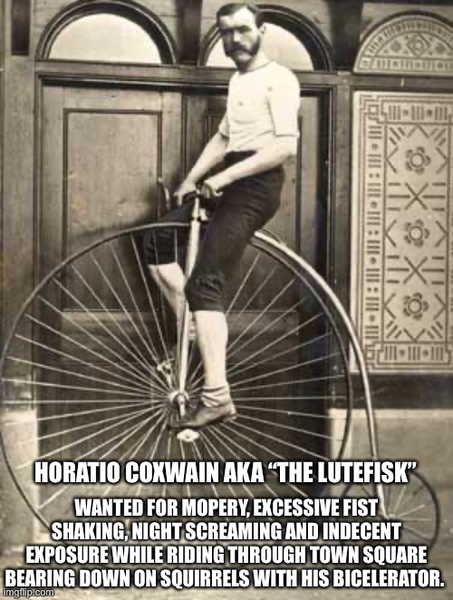 Old Timey Bike | WANTED FOR MOPERY, EXCESSIVE FIST SHAKING, NIGHT SCREAMING AND INDECENT EXPOSURE WHILE RIDING THROUGH TOWN SQUARE BEARING DOWN ON SQUIRRELS WITH HIS BICELERATOR. HORATIO COXWAIN AKA “THE LUTEFISK” | image tagged in old timey bike | made w/ Imgflip meme maker