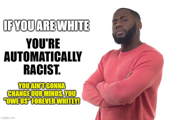 IF YOU ARE WHITE YOU'RE AUTOMATICALLY RACIST. YOU AIN'T GONNA CHANGE OUR MINDS. YOU "OWE US" FOREVER WHITEY! | made w/ Imgflip meme maker