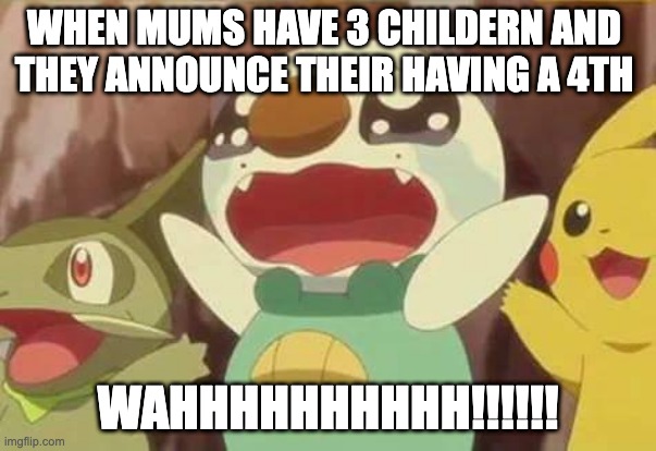 funny Pokemon | WHEN MUMS HAVE 3 CHILDERN AND 
THEY ANNOUNCE THEIR HAVING A 4TH; WAHHHHHHHHHH!!!!!! | image tagged in funny pokemon | made w/ Imgflip meme maker