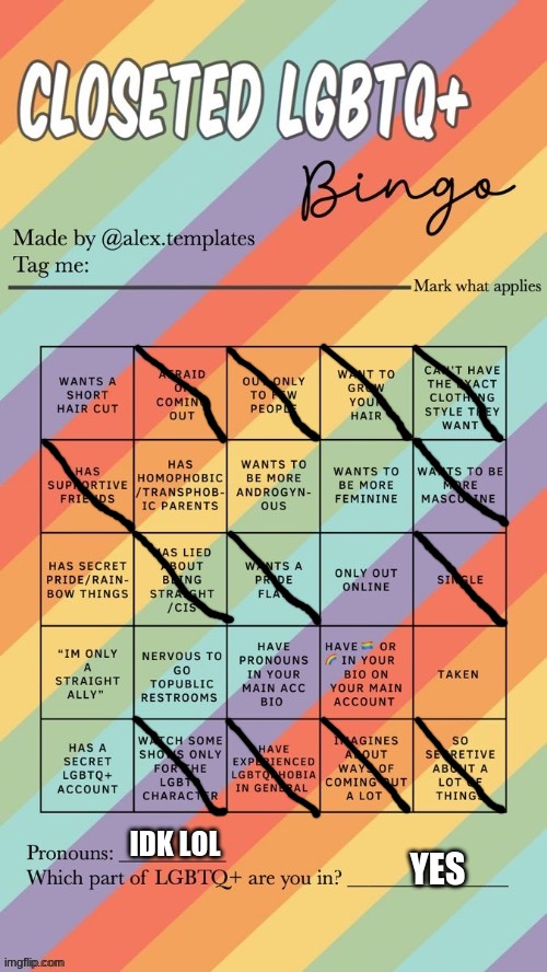 Closeted LGBTQ+ Bingo | IDK LOL; YES | image tagged in closeted lgbtq bingo | made w/ Imgflip meme maker