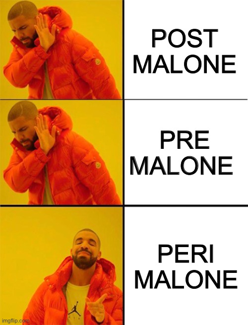 Post, Pre, Peri | POST MALONE PRE MALONE PERI MALONE | image tagged in drake meme 3 panels | made w/ Imgflip meme maker
