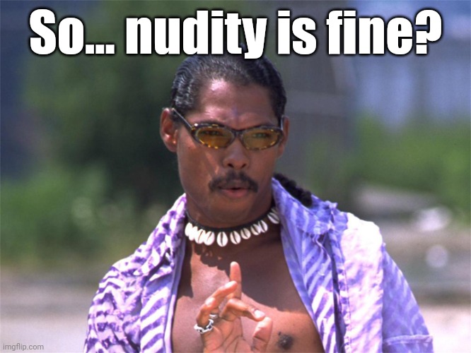 Pootie Tang say: | So... nudity is fine? | image tagged in pootie tang say | made w/ Imgflip meme maker
