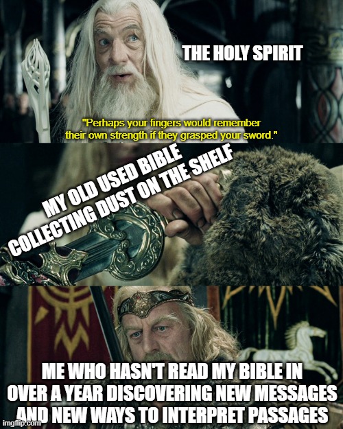Theoden | THE HOLY SPIRIT; "Perhaps your fingers would remember their own strength if they grasped your sword."; MY OLD USED BIBLE COLLECTING DUST ON THE SHELF; ME WHO HASN'T READ MY BIBLE IN OVER A YEAR DISCOVERING NEW MESSAGES AND NEW WAYS TO INTERPRET PASSAGES | image tagged in theoden,faith,christianity,bible,holy bible,christian | made w/ Imgflip meme maker