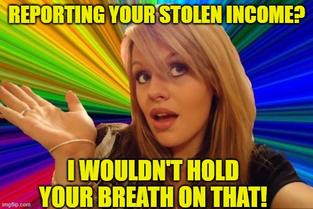 Dumb Blonde Meme | REPORTING YOUR STOLEN INCOME? I WOULDN'T HOLD YOUR BREATH ON THAT! | image tagged in memes,dumb blonde | made w/ Imgflip meme maker