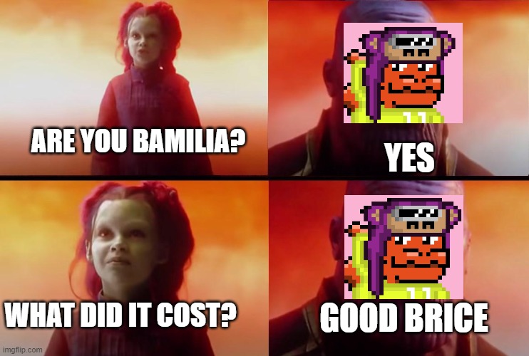 Thanos and Gamora: What did it cost? | YES; ARE YOU BAMILIA? WHAT DID IT COST? GOOD BRICE | image tagged in thanos and gamora what did it cost | made w/ Imgflip meme maker