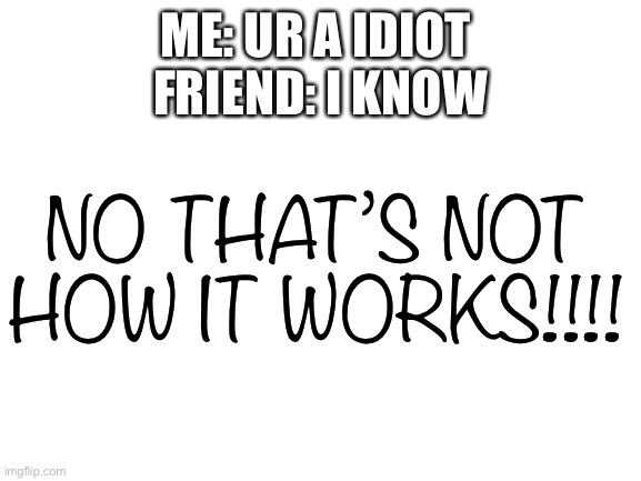 Blank White Template | ME: UR A IDIOT 
FRIEND: I KNOW; NO THAT’S NOT HOW IT WORKS!!!! | image tagged in blank white template | made w/ Imgflip meme maker