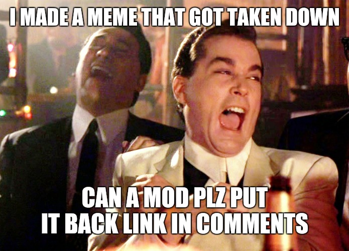 Good Fellas Hilarious | I MADE A MEME THAT GOT TAKEN DOWN; CAN A MOD PLZ PUT IT BACK LINK IN COMMENTS | image tagged in memes,good fellas hilarious | made w/ Imgflip meme maker