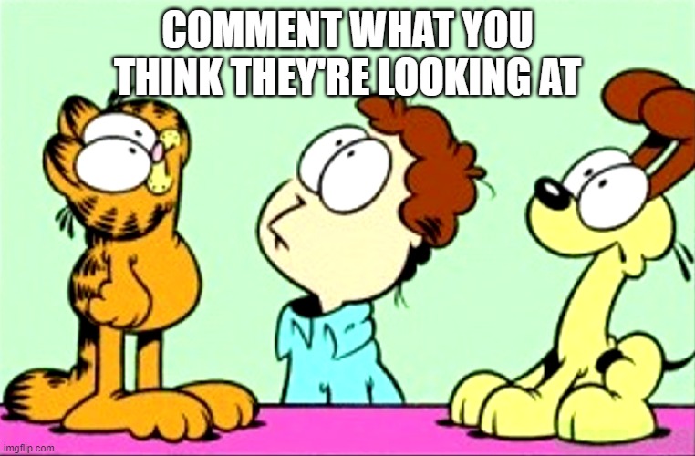 Garfield, Jon and Odie looking up | COMMENT WHAT YOU THINK THEY'RE LOOKING AT | image tagged in garfield jon and odie looking up | made w/ Imgflip meme maker