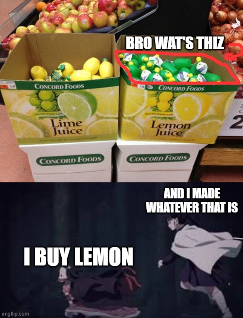 idk what to say here- | BRO WAT'S THIZ; AND I MADE WHATEVER THAT IS; I BUY LEMON | image tagged in kanao chasin nezuko | made w/ Imgflip meme maker