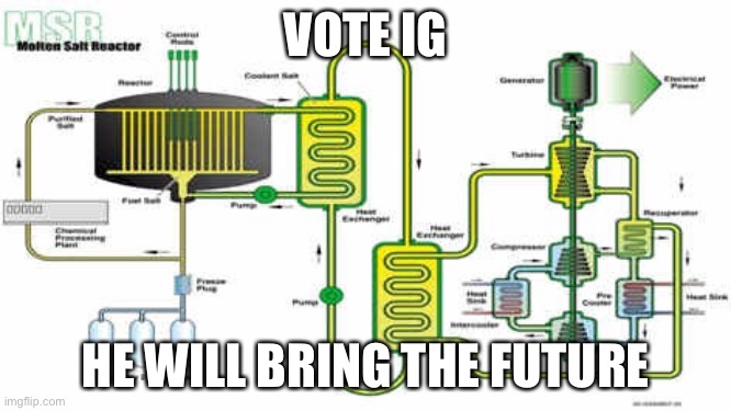 Vote IG | VOTE IG; HE WILL BRING THE FUTURE | image tagged in molten salt reactor,imgflip presidents,third party campaign ad | made w/ Imgflip meme maker