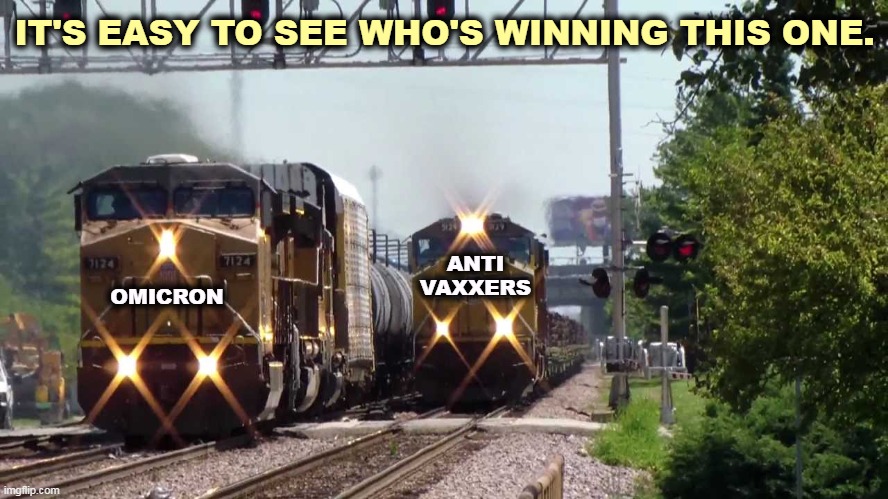 IT'S EASY TO SEE WHO'S WINNING THIS ONE. ANTI
VAXXERS; OMICRON | image tagged in train,race,omicron,winner,anti vax,loser | made w/ Imgflip meme maker