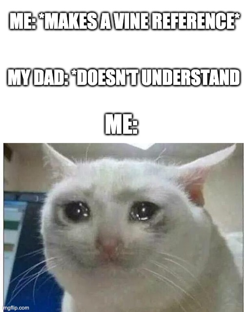 ME: *MAKES A VINE REFERENCE*; MY DAD: *DOESN'T UNDERSTAND; ME: | image tagged in blank white template,crying cat | made w/ Imgflip meme maker
