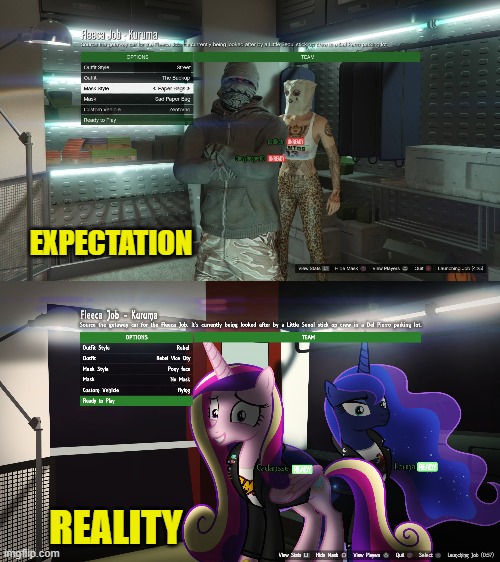 GTA Online Heists vs My little pony: Friendship is magic Comparison | EXPECTATION; REALITY | image tagged in princess luna,princess cadance,gta online,gta v,ps4,comparison | made w/ Imgflip meme maker