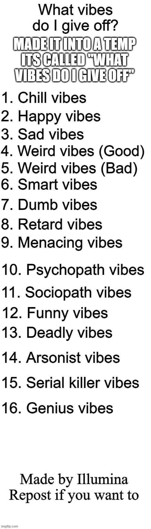 What vibes do I give off | MADE IT INTO A TEMP
ITS CALLED "WHAT VIBES DO I GIVE OFF" | image tagged in what vibes do i give off | made w/ Imgflip meme maker