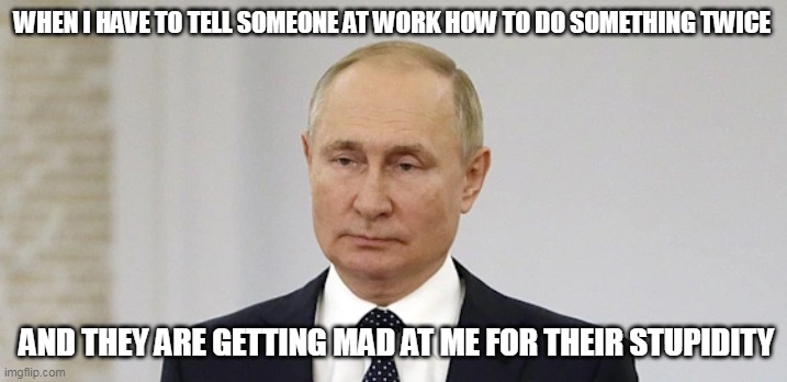 When I have to tell someone at work how to do something twice | WHEN I HAVE TO TELL SOMEONE AT WORK HOW TO DO SOMETHING TWICE; AND THEY ARE GETTING MAD AT ME FOR THEIR STUPIDITY | image tagged in vladimir putin,work,funny,stupid,work life | made w/ Imgflip meme maker