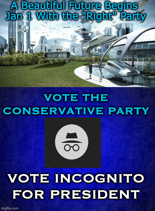 A Beautiful Future | A Beautiful Future Begins 
Jan 1 With the "Right" Party; VOTE THE CONSERVATIVE PARTY; VOTE INCOGNITO FOR PRESIDENT | image tagged in the future world if,blue background | made w/ Imgflip meme maker