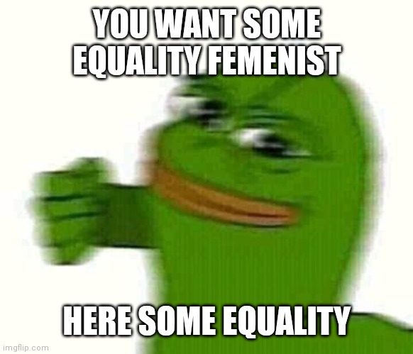Pepe the frog punching | YOU WANT SOME EQUALITY FEMENIST HERE SOME EQUALITY | image tagged in pepe the frog punching | made w/ Imgflip meme maker