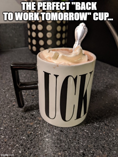 D Cup | THE PERFECT "BACK TO WORK TOMORROW" CUP... | image tagged in coffee cup,cup | made w/ Imgflip meme maker