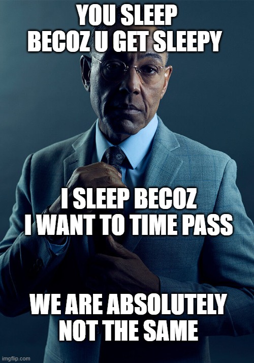 im built differently | YOU SLEEP BECOZ U GET SLEEPY; I SLEEP BECOZ I WANT TO TIME PASS; WE ARE ABSOLUTELY NOT THE SAME | image tagged in gus fring we are not the same | made w/ Imgflip meme maker