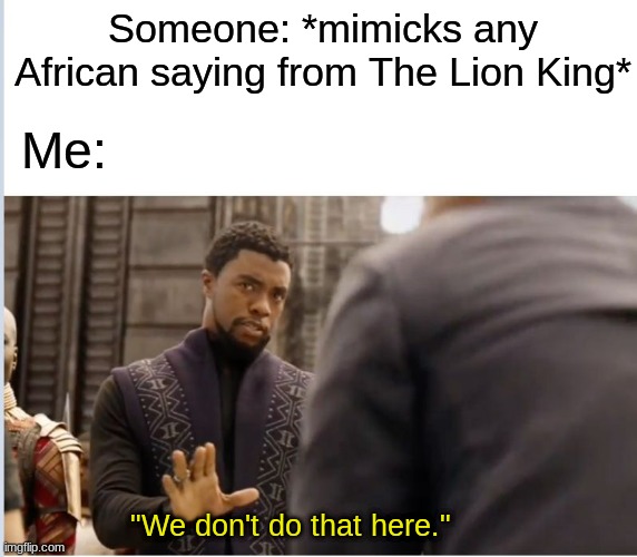 Me At School | Someone: *mimicks any African saying from The Lion King*; Me:; "We don't do that here." | image tagged in we don't do that here | made w/ Imgflip meme maker