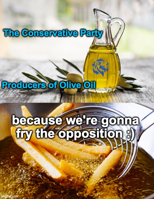 I'm running out of ideas but VOTE FOR THE CONSERVATIVE PARTY FOR FREE CHIPS! | The Conservative Party; Producers of Olive Oil; because we're gonna fry the opposition :) | image tagged in memes,unfunny | made w/ Imgflip meme maker