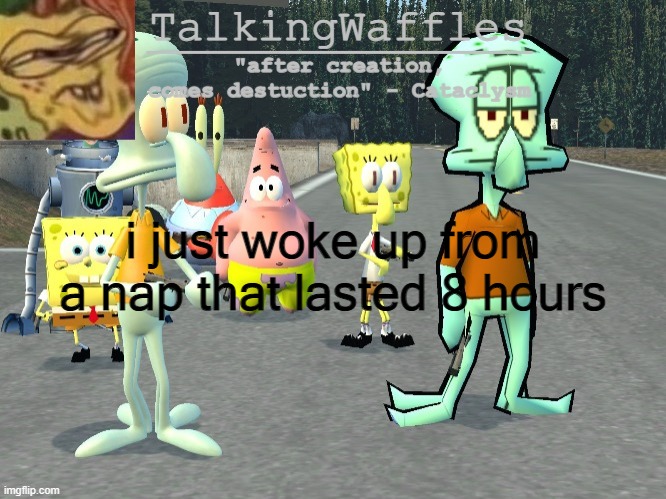 it is now past 11 pm | i just woke up from a nap that lasted 8 hours | image tagged in talkingwaffles crap temp 2 0 | made w/ Imgflip meme maker