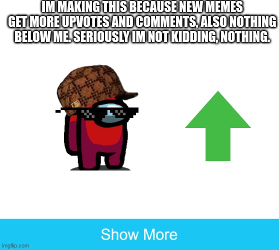 random nothingness |  IM MAKING THIS BECAUSE NEW MEMES GET MORE UPVOTES AND COMMENTS, ALSO NOTHING BELOW ME. SERIOUSLY IM NOT KIDDING, NOTHING. | image tagged in show more | made w/ Imgflip meme maker