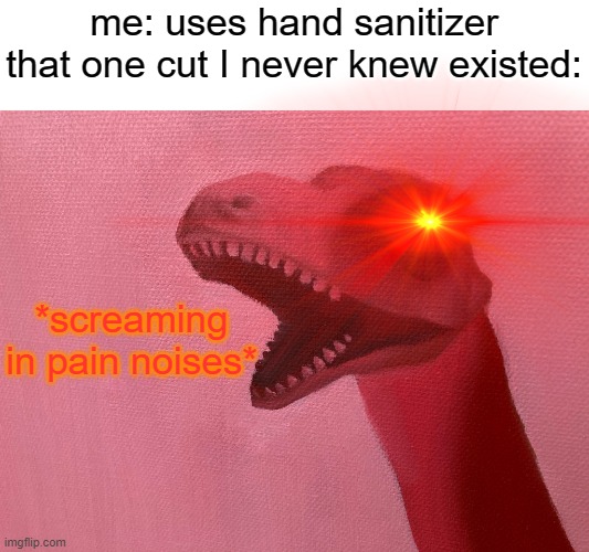 its true | me: uses hand sanitizer
that one cut I never knew existed:; *screaming in pain noises* | image tagged in why must i suffer | made w/ Imgflip meme maker