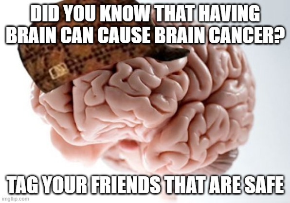 jes |  DID YOU KNOW THAT HAVING BRAIN CAN CAUSE BRAIN CANCER? TAG YOUR FRIENDS THAT ARE SAFE | image tagged in memes,scumbag brain | made w/ Imgflip meme maker