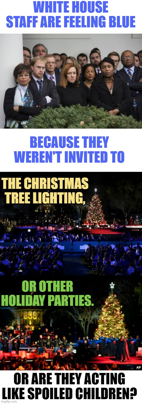 The Horror | WHITE HOUSE STAFF ARE FEELING BLUE; BECAUSE THEY WEREN'T INVITED TO; THE CHRISTMAS TREE LIGHTING, OR OTHER HOLIDAY PARTIES. OR ARE THEY ACTING LIKE SPOILED CHILDREN? | image tagged in memes,politics,white house,staff,blue,spoiled brats | made w/ Imgflip meme maker