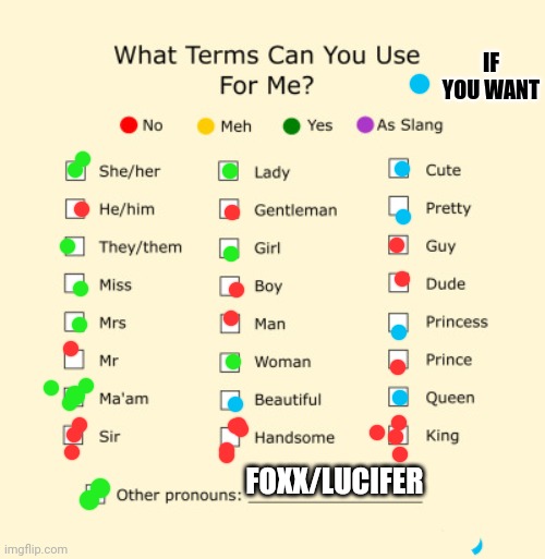 About me sheet |  IF YOU WANT; FOXX/LUCIFER | image tagged in pronouns sheet | made w/ Imgflip meme maker