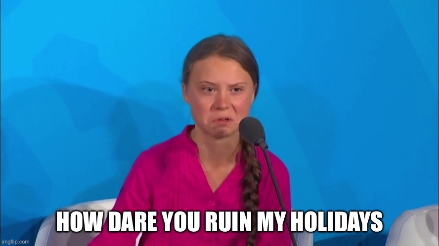 "How dare you?" - Greta Thunberg | HOW DARE YOU RUIN MY HOLIDAYS | image tagged in how dare you - greta thunberg | made w/ Imgflip meme maker