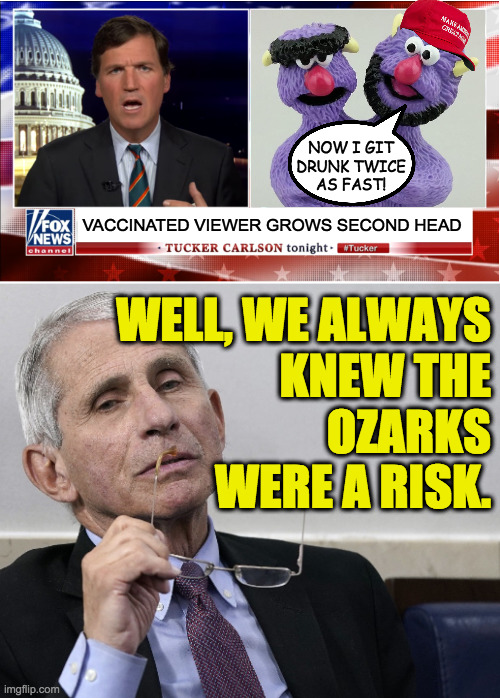 Red state side effects. | NOW I GIT
DRUNK TWICE
AS FAST! VACCINATED VIEWER GROWS SECOND HEAD; WELL, WE ALWAYS
KNEW THE
OZARKS
WERE A RISK. | image tagged in dr fauci,memes,tucker carlson,covid vaccine,side effects | made w/ Imgflip meme maker